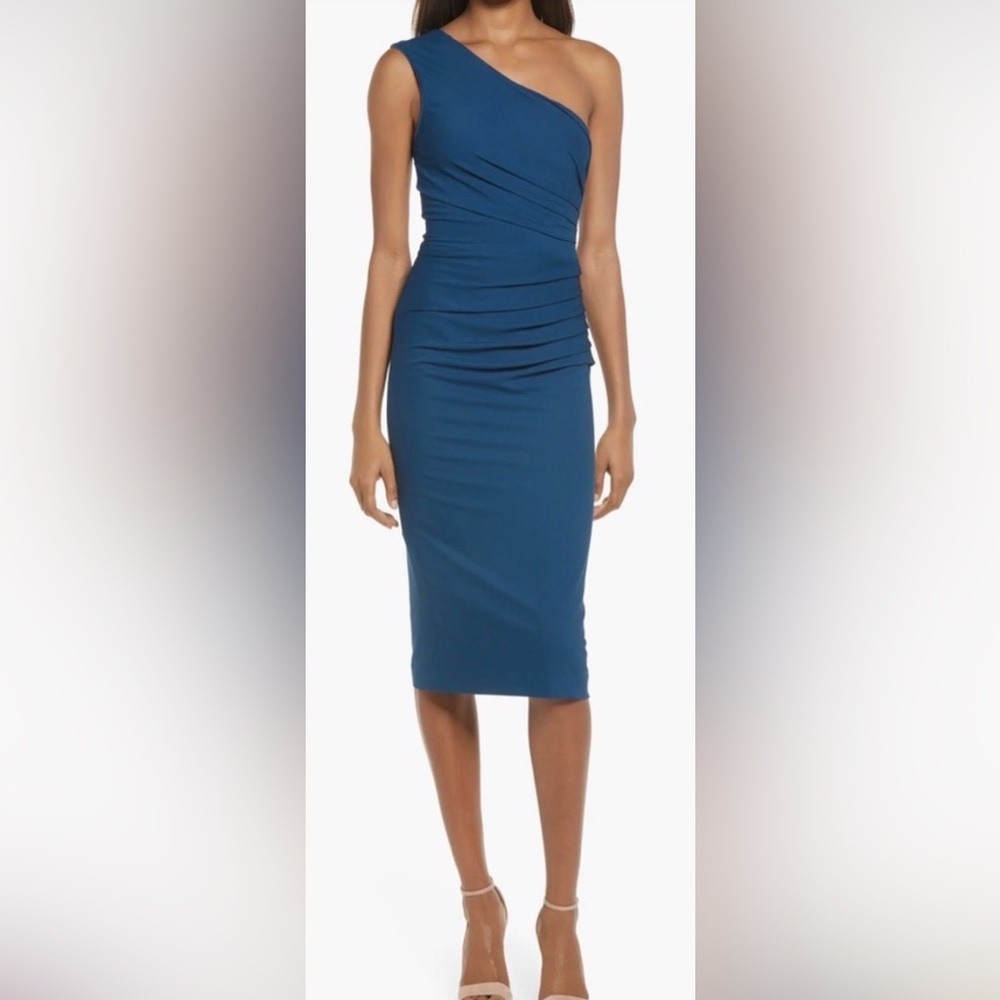 🌎DRESS THE POPULATION🌎 ONE SHOULDER RUCHED SIDE MID CALF KICK SLIT PENCIL DRESS